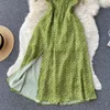 Casual Dresses Summer Chic Beach Dress Women Bandage Square Neck Floral Printed Ladies Elegant Slim Green Long Robe Vestidos