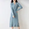 100% lã tricô vestidos femininos moda inverno lengthkeen qualidade quente feminino vneck pano estilo chinês saia 240307