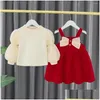 Flickans klänningar tjejklänningar flickor söta vinter höst barn prinsessa båge klänning vestidos långärmad baby spädbarn veet t-shirt toppar 2 st dhkks