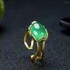 Küme halkaları doğal yeşil yeşim yüzüğü 24K gerçek altın kaplama bakır myanmar jadeite altın ayarlanabilir erkekler kadınlar güzel mücevher aksesuarları
