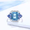 Cluster Rings White Gold Plated Luxury Shinning Created-Aquamarine Tanzanite Created-sapphire Square Shape Ring For Women