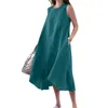 Lässige Kleider, bequemes Baumwollleinen, einfarbiges Kleid für Damen, Sommer, große Größe, Doppeltasche, ärmellos, elegant, weiblich, minimalistischer Stil