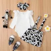 Kleider FOCUSNORM 018M Herbst Baby Mädchen Kleidung Sets 3 stücke Fly Sleeve Rippen Solide Strampler + Floral/Kuh Spot print Hosenträger Kleid