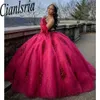 Piume fucsia maniche staccabili s staccabili Quinceanera abiti da ballo per perline Appliques Crystal Lace Princess per dolce 15 compleanno