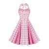 Vestido feminino rosa xadrez vintage halterneck rockabilly cocktail festa elegante vestido 1950s 40s swing vestido de verão