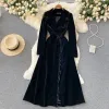 Abito Autunno Inverno Donna Abito in velluto nero Vintage Bling Nappa Colletto dentellato Cappotto Trench Party Abito lungo Abiti eleganti