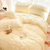 Seersucker Princess Bed Set Solid Color Quilt Cover Kawaii Ruffle Lace Skirt For Girls Woman Bedspread Decor Home 240226