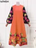 Jurk Vonda Bohemian Gedrukt Maxi Jurk Vrouwen 2023 Zomer Afrikaanse Zonnejurk Ronde Hals Casual Losse Lange Lantaarn Mouw Party vestidos