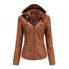 Jackor Nya år 2023 Hösten Winter Faux Leather Jackets för kvinnor Fashion Hooded Black Coats and Jacket Female Pu dragkedja ytterkläder