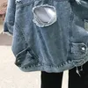 Fashion Ripped Denim Jacket Y2K Distressed Streetwear Hip Hop Broken Hole Jeans Biker Jackets Men Loose Blue Jacket Outwear 240228