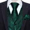 Vests Luxury Mens Vest Suit Green Paisley Flower Slim Fit Male Dress Sleeveless Formal Work Waistcoat Tie Hanky Gilet Barry Wang