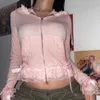 Kvinnors jackor rosa ruched sömda t-shirts damer vintage y2k full hylsa zip upp huva skörd topp hösten kawaii smal t-shirt för kvinnor