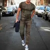 Arrivée pantalons pour hommes survêtement 2 pièces ensemble rayure 3D imprimé à manches courtes t-shirt pantalon long vêtements de rue 240307