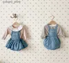 Overalls 8898 Koreanische Baby Strampler Kleid 2024 Frühling Sommer Neue Brief Einfarbig Mädchen Denim Strap Rock Süße Kleidung L240307