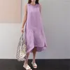 Lässige Kleider, bequemes Baumwollleinen, einfarbiges Kleid für Damen, Sommer, große Größe, Doppeltasche, ärmellos, elegant, weiblich, minimalistischer Stil