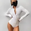 Spring Autumn Women's Long Sleeve Butted Skinny Bodysuit Slå ner krage sexig kropps topp lapptäcke jumpsuit femme ny 210415