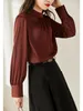 Damenblusen 2024 Frauen Frühling Herbst Retro Satin Einfarbig Hemden Weibliche Halbhoher Kragen Hemd Tops Damen Langarm Lose E795