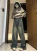 Y2k vintage hög midja streetwear stil blå jeans byxor koreanska mode kvinnors brett ben randig denim byxor kvinnliga kläder 240307