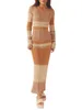 Wsevypo – robe longue tricotée élégante, épaules dénudées, rayures de couleurs contrastées, manches longues, robes crayon enveloppées, printemps-automne, 240301