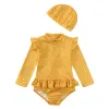 Costume da bagno 2024 Nuova estate 16 anni bambina da bagno un pezzo da bagno salto costume da bagno+cappello Stampa a maniche lunghe bambini abiti da spiaggia da spiaggia