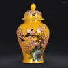 Bottiglie Vaso in porcellana dipinta a mano in porcellana di Jingdezhen Soggiorno in stile cinese Modello di fiore di uccello Giallo Vaso di stoccaggio in ceramica in stile classico
