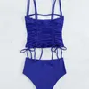 Women's Swimwear Blue Swimsuit Women 2024 High Waist Solid Color Tankini Two Piece Bikini Sexy Drawstring Lace Up Bathing Suit XN221135