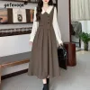 Dress Vintage Fake Two Pieces Peter Pan Collor Preppy Style Sweet Kawaii Dresses for Women Casual Long Sleeve Street A Line Midi Dress