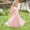 Grandes filles fraise broderie robes vieux enfants dentelle creuse falbala robe à manches courtes été adolescents rose princesse vêtements Z7001