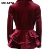 Blazers CM.YAYA Women Fashion Velvet Notched Collar Long Sleeve Cascading Ruffles Hem Double Breasted Blazer Tops