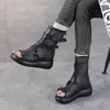 Sandalen 2024 Leder Coole Stiefel Damen ausgehöhlt Mesh atmungsaktiv High Top Keilplattform Peep Toe HQ016