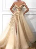 Split Sexy Flowers One Shoulder A Line Tulle Prom Dresses Backless Evening Gowns BC0684