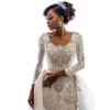 African Long Sleeves Lace Mermaid Wedding Dresses Scoop Neck Lace Applique Beaded Crystals Over Skirts Court Train Wedding Bridal Gown