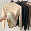 Pullovers koreanska halvturtleneck stickade tröjor modekläder kvinna 2022 vintertröja avslappnad fleece fodrad varm stickad basskjorta