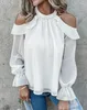 Kvinnors blusar 2024 Spring Women Blus Elegant Pearls Decor Ruffles Cold Shoulder Ruched Long Sleeve Top Plain Casual Loose Chiffon Shirt