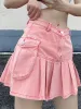 Dresses Houzhou Pink Denim Mini Skirt Women Y2k Haruku Streetwear Summer Sexy Punk Pocket Patchwork High Waist Pleated Skirt Hot Girls