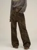 Houzhou Tan Leopard Jeans Women Denim Pants Edulder Wide Leg Brousers streetwear Hip Hop Vintage Vintage Vintage Lose Discal 240301