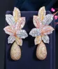 Cwwzircons 3 Tone Gold Luxury Large Leaf Drop Flower Micro Cubic Zirconia Paled Naija Wedding Party Earring for Women CZ644 2201194231541