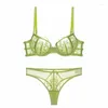 Sutiãs conjuntos sexy feminino lingerie conjunto bordado ultra fino malha transparente sutiã e tanga roupa interior com anel de aço mulheres sem forro íntimos