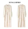 2024 Spring Apricot Contrast Color Panelled Dress Long Sleeve Stand Collar Lace Midi Casual Dresses W4M053208