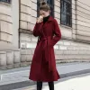 Blends Winter Autumn Christmas Red Black Loose Long Wool Coat Jacket Belt Woolen Overcoat Korean Women Split Hem Cardigan Outerwear XL