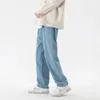 Korean Fashion Mens Casual Ankle-Length Jeans Classic Man Straight Denim Wide-leg Pants Light Blue Grey Black 3XL 240304