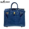 Genuine Leather Handbag LL Black Crocodile Skin High Bag 25CM Bright Face Womens Handheld High Grade Feel Bag Luxury Blue