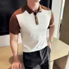 Camisa polo masculina elegante ajuste fino remendo trabalho de manga curta camiseta negócios casual topo de alta qualidade 2024 240307