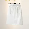 Elbiseler Moda Estetik Düğme Up Cepler Beyaz Midi Kalem Etek Kadın Koreli Haruku Dantel Yukarı Kaldırılmış Bodycon Diz Uzunluk