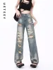 Jeans ueteey azul cintura alta calças de brim perna larga calças largas streetwear y2k moda 2023 americano retro denim calças buraco jeans