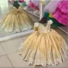 Robe de fille de fleur d'or enfant en bas âge pour les fleurs de mariage robe de concours de dentelle appliques arc robes de soirée de Noël fête d'anniversaire première communion manches courtes