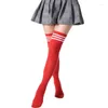 Chaussettes JK pour femmes, bas Cosplay, bandes rouges et blanches, Lolita, longues au-dessus du genou, cuisse, haute Compression