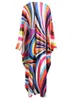 Ashion Autumn Winter Women's Dress Batwing Sleeve Rainbow Stripe Print Loose Robe Elastic Long Dresses