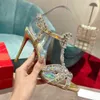 Stiletto-sandalen met enkelbandje Studs en strass-steentjes Hak van 100 cm Gladiator leren buitenzoolpumps Dames feestavondschoenen Luxe ontwerpers Hoge hakken Met doos