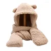 Bandanas Women Fluffy Plush Warm 3 In 1 Hooded Scarf Hat Gloves Set Cartoon Bear Cute Ears Winter Windproof Earflap Cap Pocket Mittens